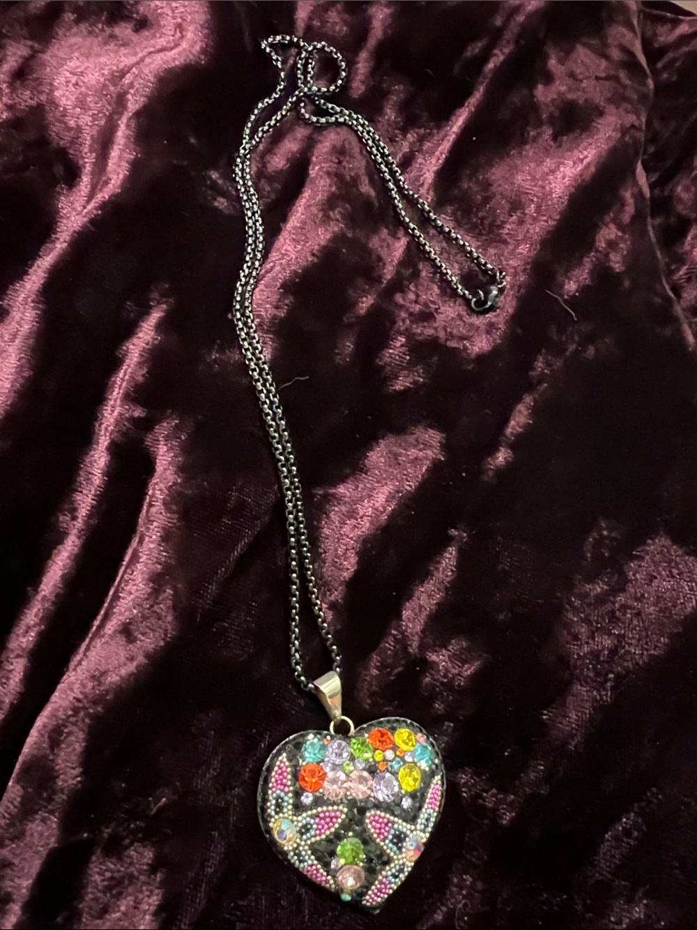 Rhinestone encrusted heart necklace, sterling, Mexico